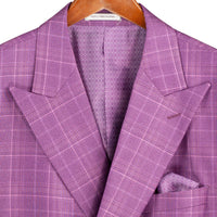 VINCI Men's Plum Sharkskin Glen Plaid Double Breasted Regular Fit Suit NEW. Features a sharp peak lapel, fully lined double breasted jacket, refined sharkskin Glen Plaid pattern, and flat front pants with a flexible comfort waistband and unfinished hems for custom tailoring. A classic men's suit for business, office, weddings, formal events, and evening wear. Available at Fashion House Inc. (FH Menswear, Style #DRW-7)