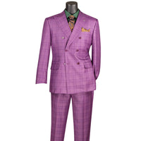 VINCI Men's Plum Sharkskin Glen Plaid Double Breasted Regular Fit Suit NEW. Features a sharp peak lapel, fully lined double breasted jacket, refined sharkskin Glen Plaid pattern, and flat front pants with a flexible comfort waistband and unfinished hems for custom tailoring. A classic men's suit for business, office, weddings, formal events, and evening wear. Available at Fashion House Inc. (FH Menswear, Style #DRW-7)