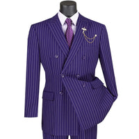 VINCI Men's Purple Pinstripe Double-Breasted 6-Button Classic Fit Suit - NEW. Features a peak lapel double-breasted jacket with classic pinstripes and flat-front pants ready for tailoring. A timeless choice for business and formal wear. Available at Fashion House Inc. (FH Menswear)