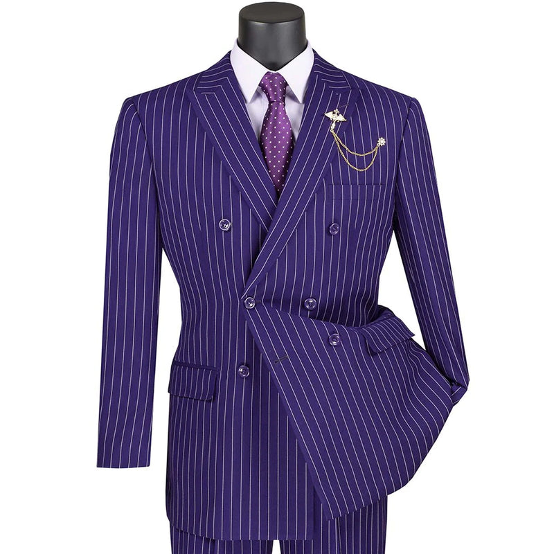 VINCI Men's Purple Pinstripe Double-Breasted 6-Button Classic Fit Suit - NEW. Features a peak lapel double-breasted jacket with classic pinstripes and flat-front pants ready for tailoring. A timeless choice for business and formal wear. Available at Fashion House Inc. (FH Menswear)