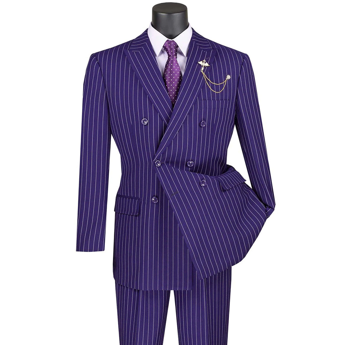 VINCI Men's Purple Pinstripe Double-Breasted 6-Button Classic Fit Suit - NEW. Features a peak lapel double-breasted jacket with classic pinstripes and flat-front pants ready for tailoring. A timeless choice for business and formal wear. Available at Fashion House Inc. (FH Menswear)