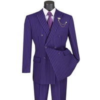 VINCI Men's Purple Pinstripe Double-Breasted 6-Button Classic Fit Suit - NEW. Features a peak lapel double-breasted jacket with classic pinstripes and flat-front pants ready for tailoring. A timeless choice for business and formal wear. Available at Fashion House Inc. (FH Menswear)