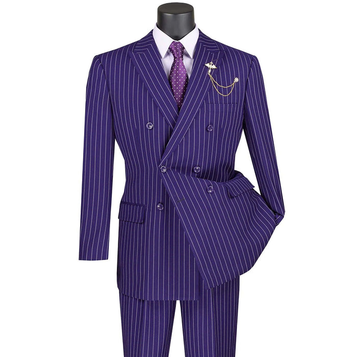 VINCI Men's Purple Pinstripe Double-Breasted 6-Button Classic Fit Suit - NEW. Features a peak lapel double-breasted jacket with classic pinstripes and flat-front pants ready for tailoring. A timeless choice for business and formal wear. Available at Fashion House Inc. (FH Menswear)