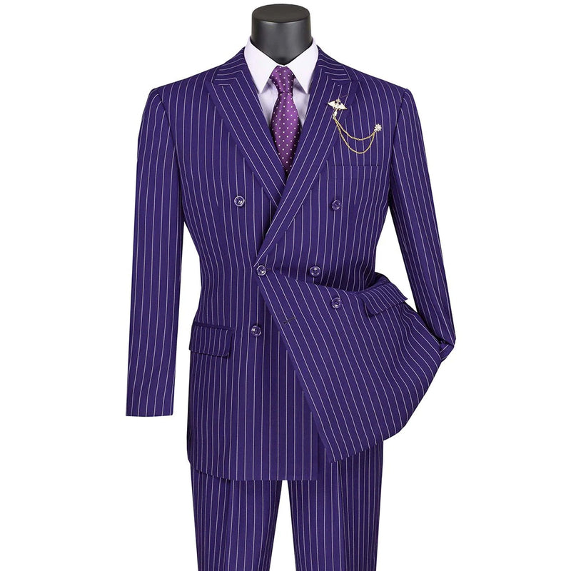 VINCI Men's Purple Pinstripe Double-Breasted 6-Button Classic Fit Suit - NEW. Features a peak lapel double-breasted jacket with classic pinstripes and flat-front pants ready for tailoring. A timeless choice for business and formal wear. Available at Fashion House Inc. (FH Menswear)