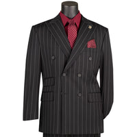 VINCI Men's Black Wide Stripe Double-Breasted 6 Button Regular Fit Suit – NEW. Features a bold wide pinstripe pattern, peak lapel jacket, ticket pocket, side vents, and flat-front pants with an adjustable waistband. A polished statement suit for business, formal, or evening wear. Available at Fashion House Inc. (FH Menswear, Style #DSS-5)
