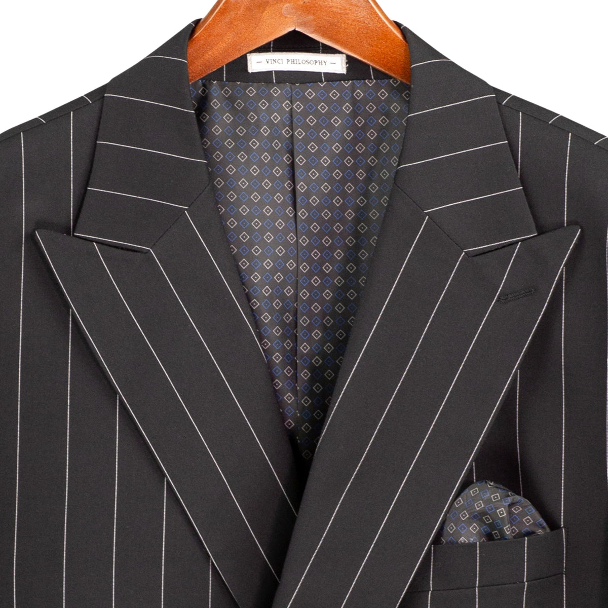 VINCI Men's Black Wide Stripe Double-Breasted 6 Button Regular Fit Suit – NEW. Features a bold wide pinstripe pattern, peak lapel jacket, ticket pocket, side vents, and flat-front pants with an adjustable waistband. A polished statement suit for business, formal, or evening wear. Available at Fashion House Inc. (FH Menswear, Style #DSS-5)
