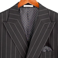 VINCI Men's Black Wide Stripe Double-Breasted 6 Button Regular Fit Suit – NEW. Features a bold wide pinstripe pattern, peak lapel jacket, ticket pocket, side vents, and flat-front pants with an adjustable waistband. A polished statement suit for business, formal, or evening wear. Available at Fashion House Inc. (FH Menswear, Style #DSS-5)