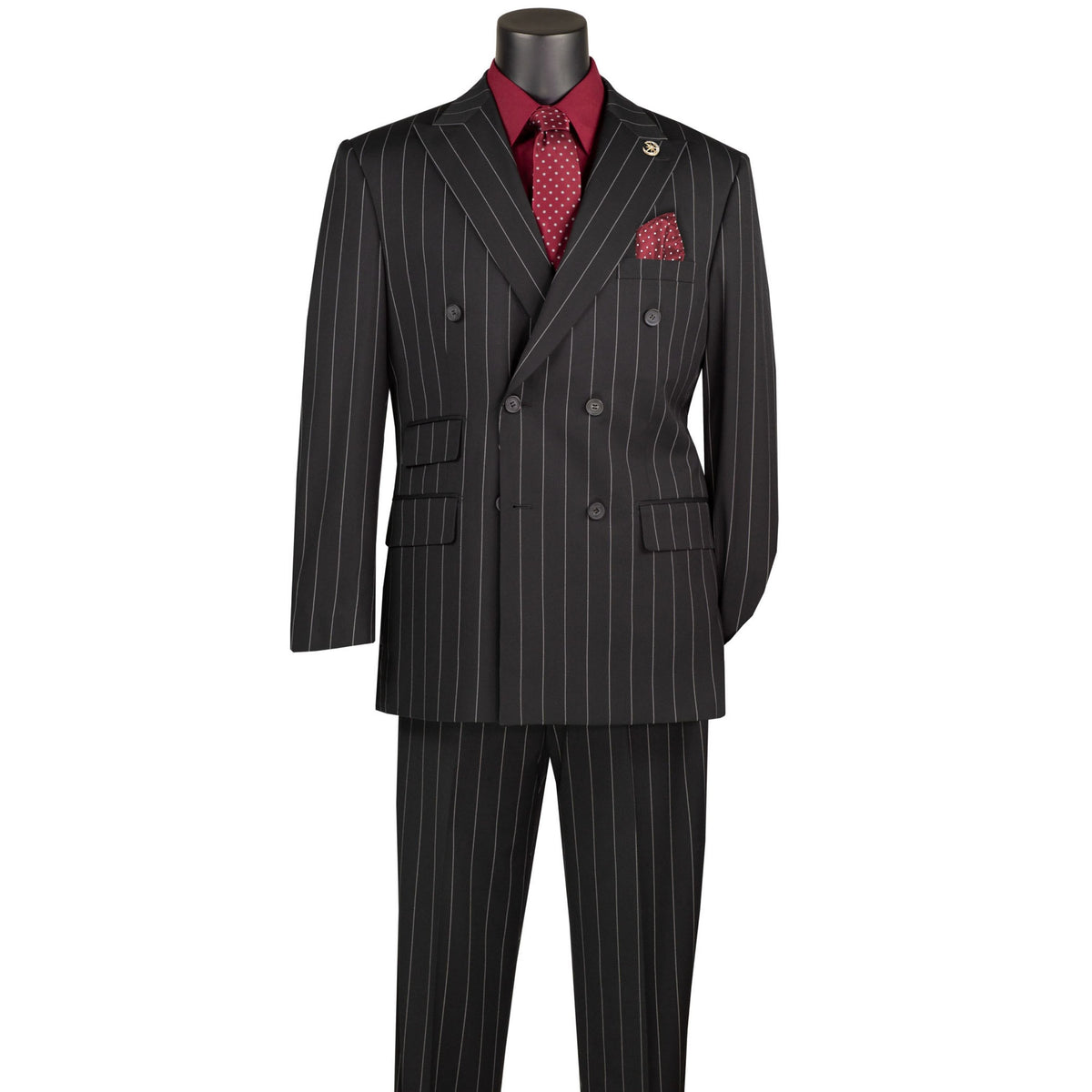 VINCI Men's Black Wide Stripe Double-Breasted 6 Button Regular Fit Suit – NEW. Features a bold wide pinstripe pattern, peak lapel jacket, ticket pocket, side vents, and flat-front pants with an adjustable waistband. A polished statement suit for business, formal, or evening wear. Available at Fashion House Inc. (FH Menswear, Style #DSS-5)