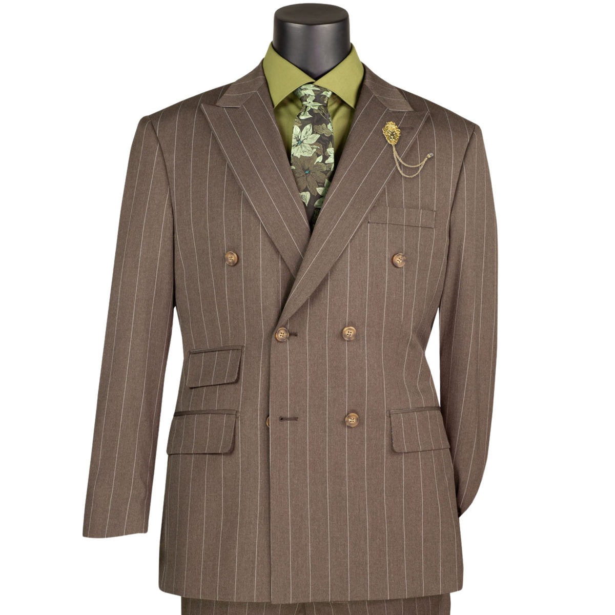 VINCI Men's Brown Wide Stripe Double-Breasted 6 Button Regular Fit Suit – NEW. Features a bold wide pinstripe pattern, peak lapel jacket, ticket pocket, side vents, and flat-front pants with an adjustable waistband. A polished statement suit for business, formal, or evening wear. Available at Fashion House Inc. (FH Menswear, Style #DSS-5)