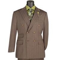 VINCI Men's Brown Wide Stripe Double-Breasted 6 Button Regular Fit Suit – NEW. Features a bold wide pinstripe pattern, peak lapel jacket, ticket pocket, side vents, and flat-front pants with an adjustable waistband. A polished statement suit for business, formal, or evening wear. Available at Fashion House Inc. (FH Menswear, Style #DSS-5)