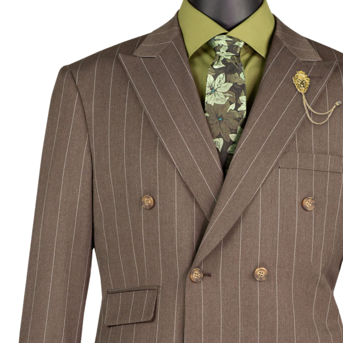 VINCI Men's Brown Wide Stripe Double-Breasted 6 Button Regular Fit Suit – NEW. Features a bold wide pinstripe pattern, peak lapel jacket, ticket pocket, side vents, and flat-front pants with an adjustable waistband. A polished statement suit for business, formal, or evening wear. Available at Fashion House Inc. (FH Menswear, Style #DSS-5)