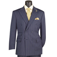 VINCI Men's Denim Blue Wide Stripe Double-Breasted 6 Button Regular Fit Suit – NEW. Features a bold wide pinstripe pattern, peak lapel jacket, ticket pocket, side vents, and flat-front pants with an adjustable waistband. A polished statement suit for business, formal, or evening wear. Available at Fashion House Inc. (FH Menswear, Style #DSS-5)