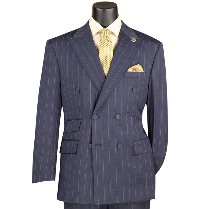 VINCI Men's Denim Blue Wide Stripe Double-Breasted 6 Button Regular Fit Suit – NEW. Features a bold wide pinstripe pattern, peak lapel jacket, ticket pocket, side vents, and flat-front pants with an adjustable waistband. A polished statement suit for business, formal, or evening wear. Available at Fashion House Inc. (FH Menswear, Style #DSS-5)