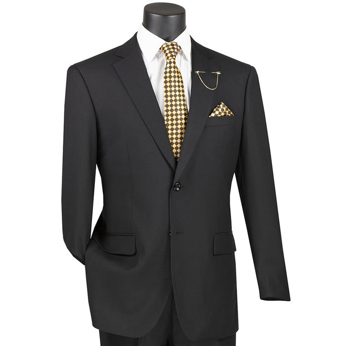 VINCI Men's Black 2-Button Suit with Adjustable Waistband, Regular-Fit - NEW. Features a notch lapel jacket luxuriously lined for comfort and non-pleated trousers designed for a custom fit. Ideal for both office and elegant evening wear. Available at Fashion House Inc. (FH Menswear)