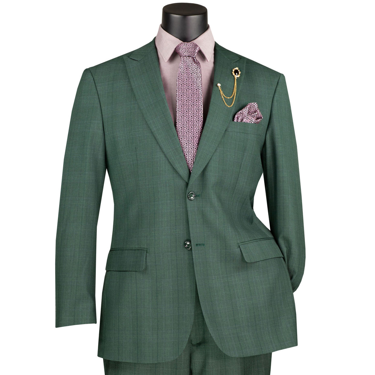 VINCI Men's Forest Green Glen Plaid 2-Button Regular Fit Suit with Peak Lapel - NEW. Classic silhouette with peak lapel jacket and flat-front pants featuring a flexible waistband and unfinished hems. Ideal for office or formal occasions. Available at Fashion House Inc. (FH Menswear)