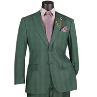 VINCI Men's Forest Green Glen Plaid 2-Button Regular Fit Suit with Peak Lapel - NEW. Classic silhouette with peak lapel jacket and flat-front pants featuring a flexible waistband and unfinished hems. Ideal for office or formal occasions. Available at Fashion House Inc. (FH Menswear)