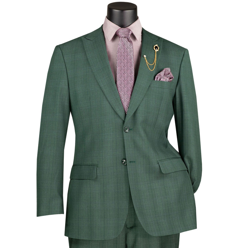 VINCI Men's Forest Green Glen Plaid 2-Button Regular Fit Suit with Peak Lapel - NEW. Classic silhouette with peak lapel jacket and flat-front pants featuring a flexible waistband and unfinished hems. Ideal for office or formal occasions. Available at Fashion House Inc. (FH Menswear)