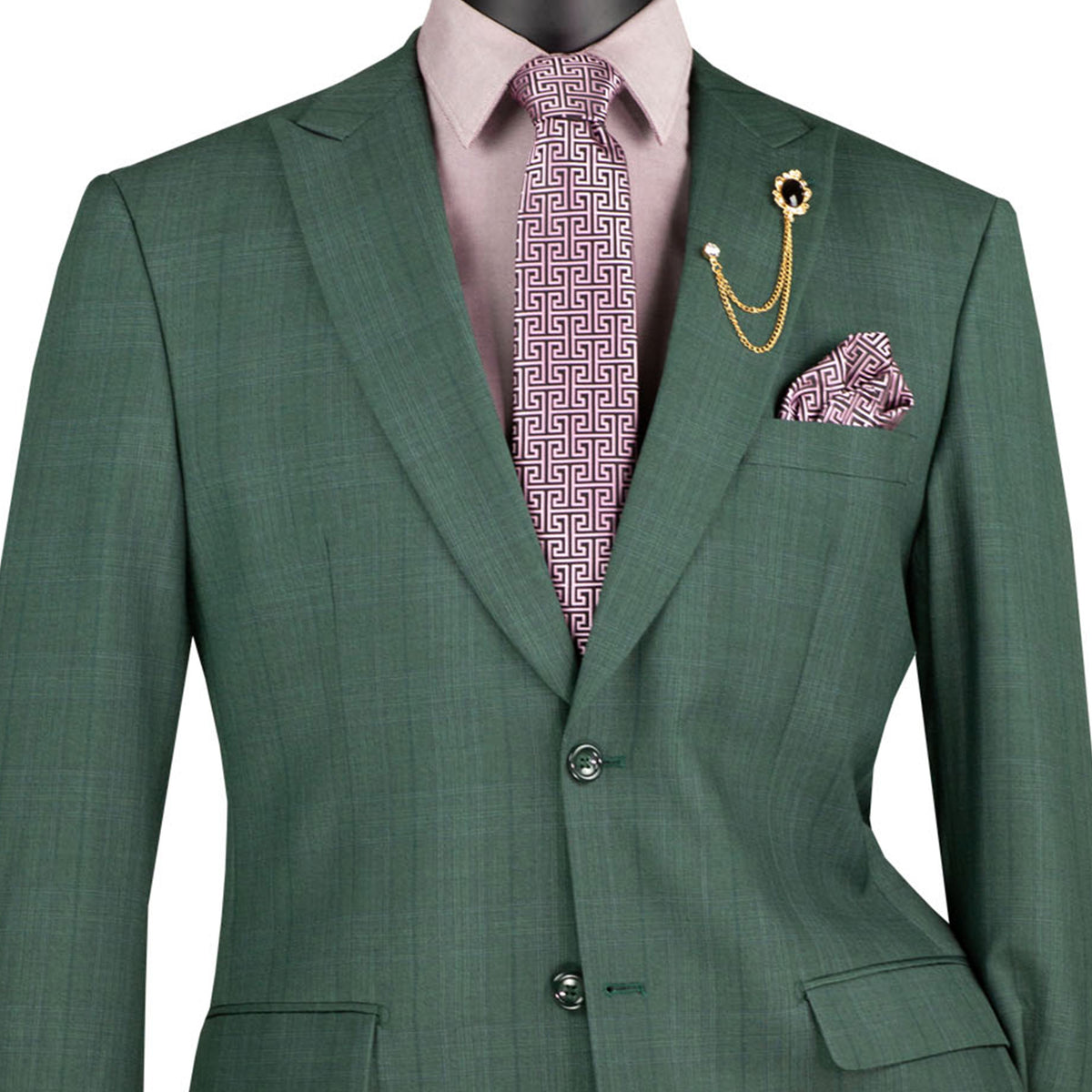 VINCI Men's Forest Green Glen Plaid 2-Button Regular Fit Suit with Peak Lapel - NEW. Classic silhouette with peak lapel jacket and flat-front pants featuring a flexible waistband and unfinished hems. Ideal for office or formal occasions. Available at Fashion House Inc. (FH Menswear)