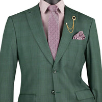 VINCI Men's Forest Green Glen Plaid 2-Button Regular Fit Suit with Peak Lapel - NEW. Classic silhouette with peak lapel jacket and flat-front pants featuring a flexible waistband and unfinished hems. Ideal for office or formal occasions. Available at Fashion House Inc. (FH Menswear)