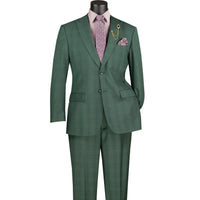 VINCI Men's Forest Green Glen Plaid 2-Button Regular Fit Suit with Peak Lapel - NEW. Classic silhouette with peak lapel jacket and flat-front pants featuring a flexible waistband and unfinished hems. Ideal for office or formal occasions. Available at Fashion House Inc. (FH Menswear)