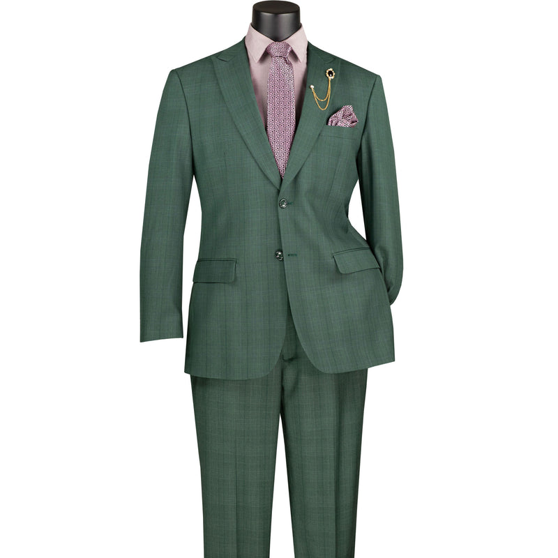 VINCI Men's Forest Green Glen Plaid 2-Button Regular Fit Suit with Peak Lapel - NEW. Classic silhouette with peak lapel jacket and flat-front pants featuring a flexible waistband and unfinished hems. Ideal for office or formal occasions. Available at Fashion House Inc. (FH Menswear)