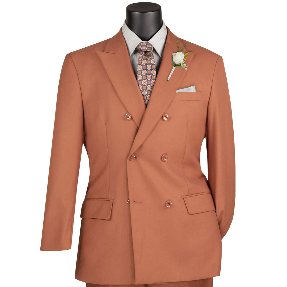 VINCI Men's Amber Brown Double Breasted Regular Fit Suit with Adjustable Waist – NEW. Features a sharp peak lapel, fully lined jacket, and flat front pants with unfinished hems and a flexible waistband for added comfort. A classic men's Amber Brown double breasted suit for business, formal, office, and evening wear. Available at Fashion House Inc. (FH Menswear, Style #F-DC900)