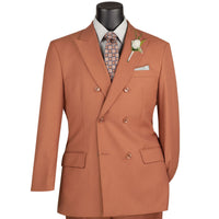 VINCI Men's Amber Brown Double Breasted Regular Fit Suit with Adjustable Waist – NEW. Features a sharp peak lapel, fully lined jacket, and flat front pants with unfinished hems and a flexible waistband for added comfort. A classic men's Amber Brown double breasted suit for business, formal, office, and evening wear. Available at Fashion House Inc. (FH Menswear, Style #F-DC900)