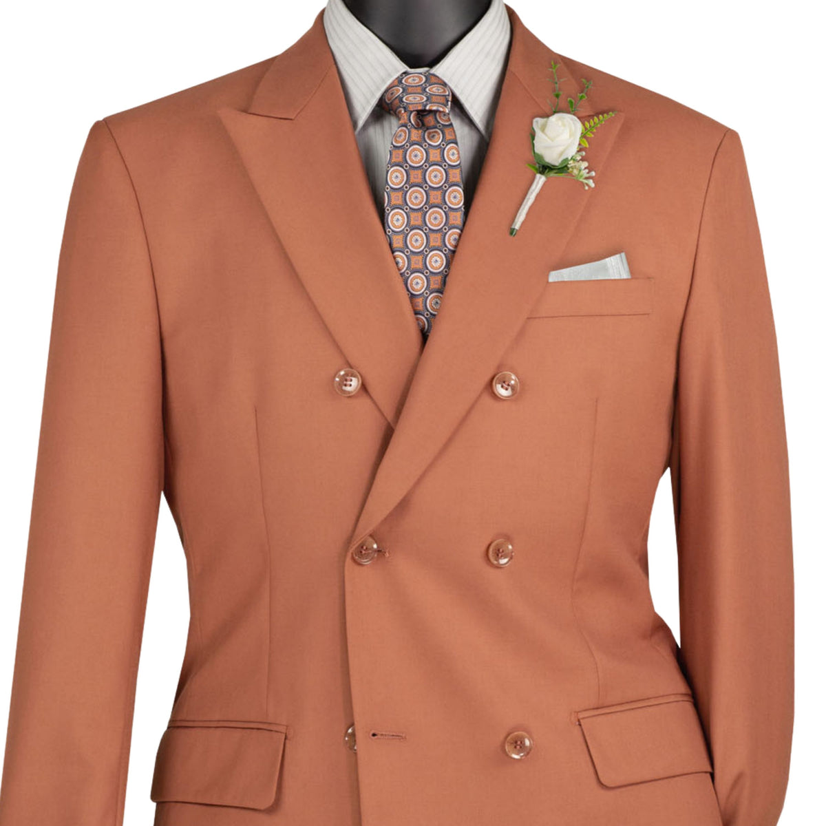 VINCI Men's Amber Brown Double Breasted Regular Fit Suit with Adjustable Waist – NEW. Features a sharp peak lapel, fully lined jacket, and flat front pants with unfinished hems and a flexible waistband for added comfort. A classic men's Amber Brown double breasted suit for business, formal, office, and evening wear. Available at Fashion House Inc. (FH Menswear, Style #F-DC900)