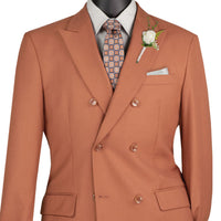 VINCI Men's Amber Brown Double Breasted Regular Fit Suit with Adjustable Waist – NEW. Features a sharp peak lapel, fully lined jacket, and flat front pants with unfinished hems and a flexible waistband for added comfort. A classic men's Amber Brown double breasted suit for business, formal, office, and evening wear. Available at Fashion House Inc. (FH Menswear, Style #F-DC900)