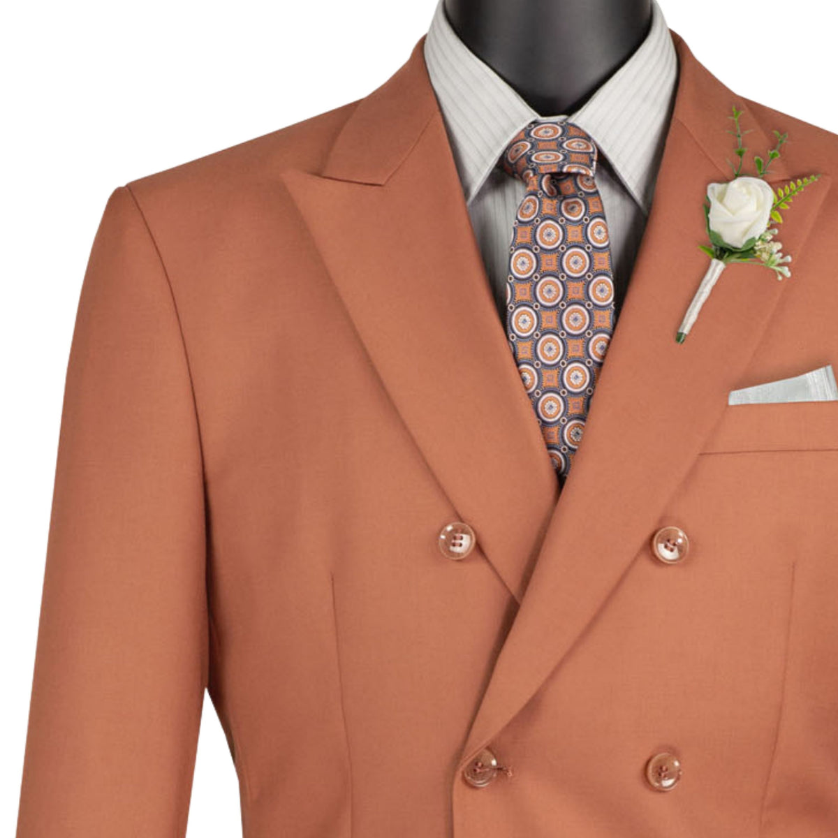 VINCI Men's Amber Brown Double Breasted Regular Fit Suit with Adjustable Waist – NEW. Features a sharp peak lapel, fully lined jacket, and flat front pants with unfinished hems and a flexible waistband for added comfort. A classic men's Amber Brown double breasted suit for business, formal, office, and evening wear. Available at Fashion House Inc. (FH Menswear, Style #F-DC900)