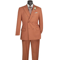 VINCI Men's Amber Brown Double Breasted Regular Fit Suit with Adjustable Waist – NEW. Features a sharp peak lapel, fully lined jacket, and flat front pants with unfinished hems and a flexible waistband for added comfort. A classic men's Amber Brown double breasted suit for business, formal, office, and evening wear. Available at Fashion House Inc. (FH Menswear, Style #F-DC900)