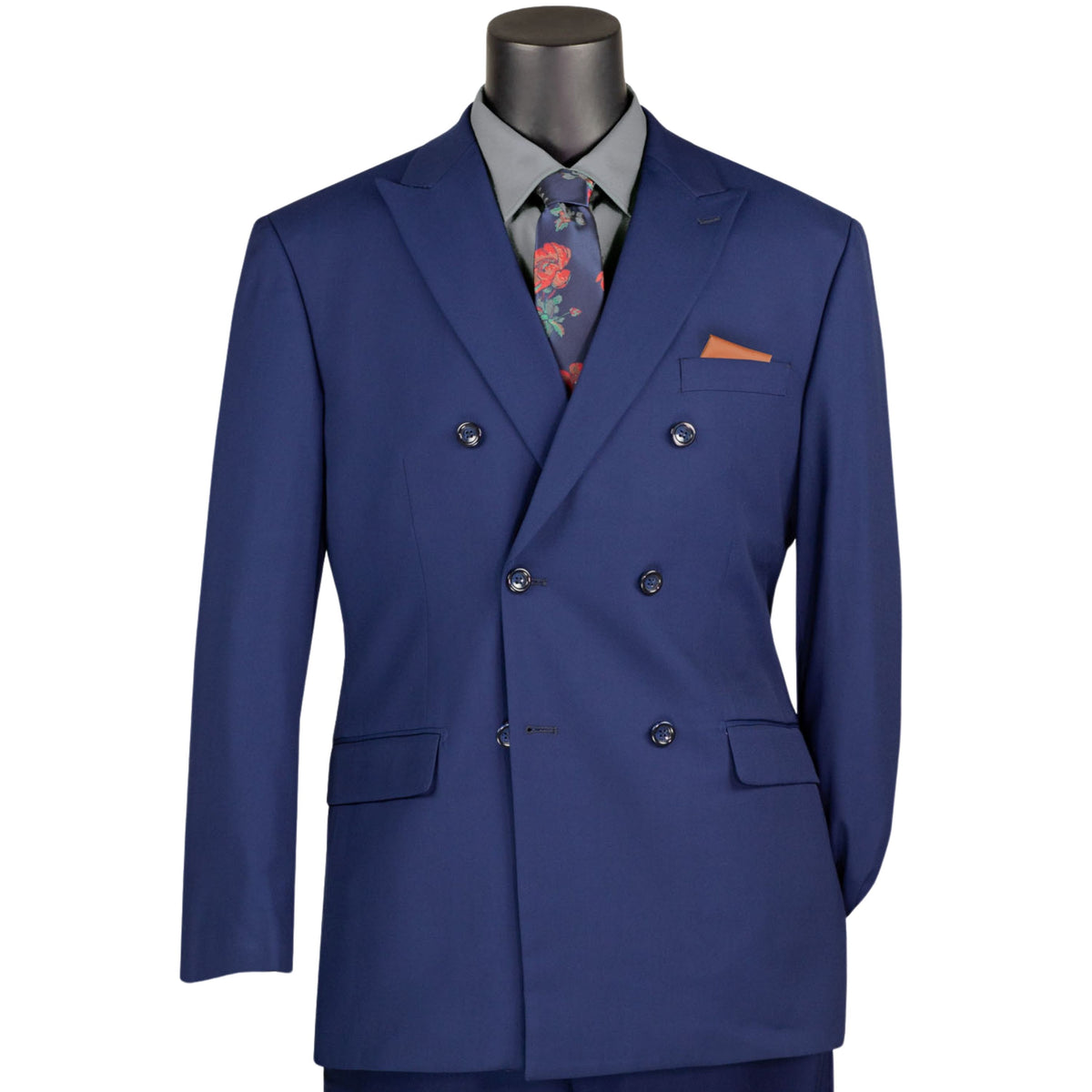 VINCI Men's Patriot Blue Double Breasted Regular Fit Suit with Adjustable Waist – NEW. Features a sharp peak lapel, fully lined jacket, and flat front pants with unfinished hems and a flexible waistband for added comfort. A classic men's Patriot Blue double breasted suit for business, formal, office, and evening wear. Available at Fashion House Inc. (FH Menswear, Style #F-DC900)