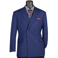 VINCI Men's Patriot Blue Double Breasted Regular Fit Suit with Adjustable Waist – NEW. Features a sharp peak lapel, fully lined jacket, and flat front pants with unfinished hems and a flexible waistband for added comfort. A classic men's Patriot Blue double breasted suit for business, formal, office, and evening wear. Available at Fashion House Inc. (FH Menswear, Style #F-DC900)