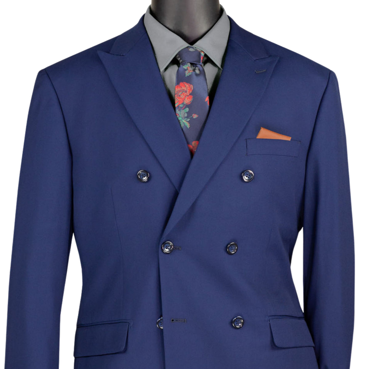 VINCI Men's Patriot Blue Double Breasted Regular Fit Suit with Adjustable Waist – NEW. Features a sharp peak lapel, fully lined jacket, and flat front pants with unfinished hems and a flexible waistband for added comfort. A classic men's Patriot Blue double breasted suit for business, formal, office, and evening wear. Available at Fashion House Inc. (FH Menswear, Style #F-DC900)