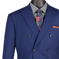 VINCI Men's Patriot Blue Double Breasted Regular Fit Suit with Adjustable Waist – NEW. Features a sharp peak lapel, fully lined jacket, and flat front pants with unfinished hems and a flexible waistband for added comfort. A classic men's Patriot Blue double breasted suit for business, formal, office, and evening wear. Available at Fashion House Inc. (FH Menswear, Style #F-DC900)