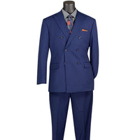 VINCI Men's Patriot Blue Double Breasted Regular Fit Suit with Adjustable Waist – NEW. Features a sharp peak lapel, fully lined jacket, and flat front pants with unfinished hems and a flexible waistband for added comfort. A classic men's Patriot Blue double breasted suit for business, formal, office, and evening wear. Available at Fashion House Inc. (FH Menswear, Style #F-DC900)