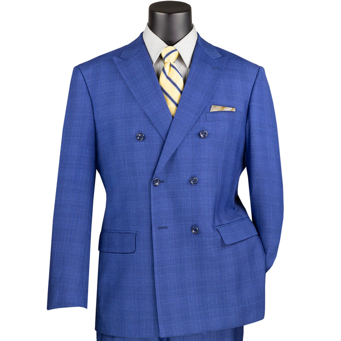 VINCI Men's Blue Glen Plaid Double-Breasted Regular Fit Suit with Adjustable Waist - NEW. Features a sharp peak lapel jacket and flat-front pants with unfinished hems and flexible waistband. A timeless choice for business or formal wear. Available at Fashion House Inc. (FH Menswear)