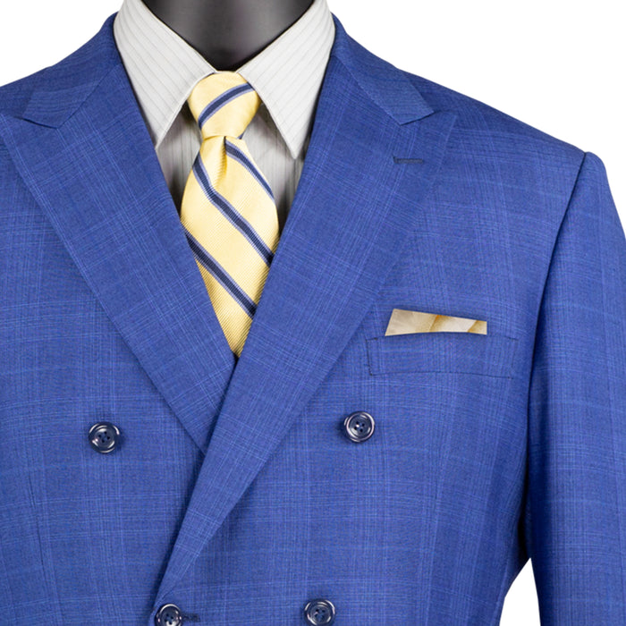 VINCI Men's Blue Glen Plaid Double-Breasted Regular Fit Suit with Adjustable Waist - NEW. Features a sharp peak lapel jacket and flat-front pants with unfinished hems and flexible waistband. A timeless choice for business or formal wear. Available at Fashion House Inc. (FH Menswear)