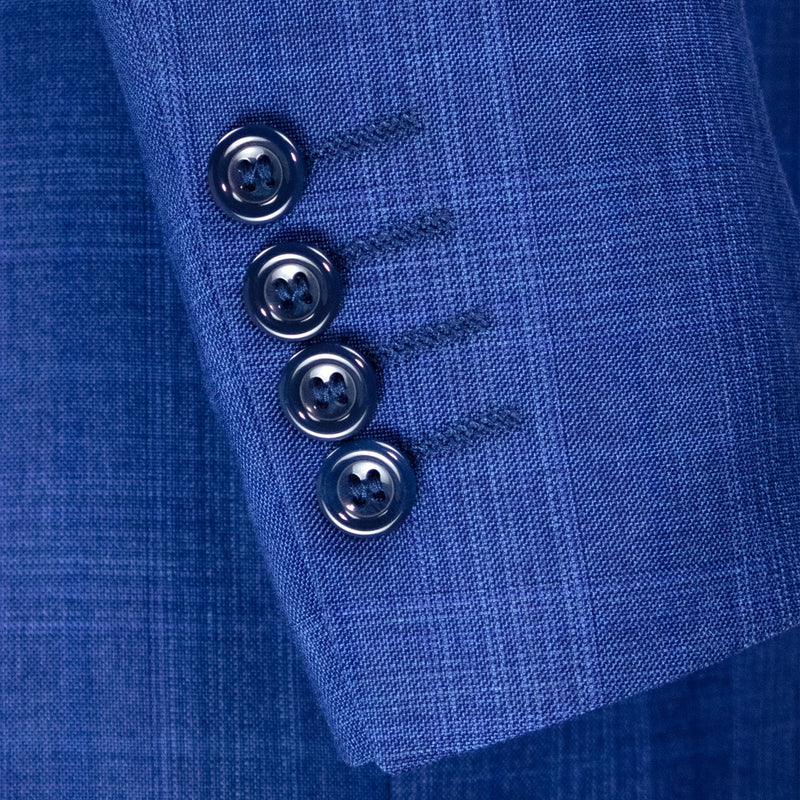 VINCI Men's Blue Glen Plaid Double-Breasted Regular Fit Suit with Adjustable Waist - NEW. Features a sharp peak lapel jacket and flat-front pants with unfinished hems and flexible waistband. A timeless choice for business or formal wear. Available at Fashion House Inc. (FH Menswear)