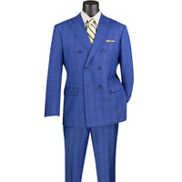 VINCI Men's Blue Glen Plaid Double-Breasted Regular Fit Suit with Adjustable Waist - NEW. Features a sharp peak lapel jacket and flat-front pants with unfinished hems and flexible waistband. A timeless choice for business or formal wear. Available at Fashion House Inc. (FH Menswear)