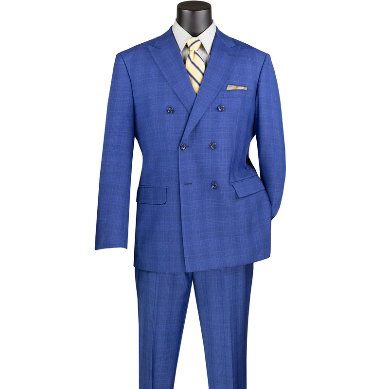 VINCI Men's Blue Glen Plaid Double-Breasted Regular Fit Suit with Adjustable Waist - NEW. Features a sharp peak lapel jacket and flat-front pants with unfinished hems and flexible waistband. A timeless choice for business or formal wear. Available at Fashion House Inc. (FH Menswear)