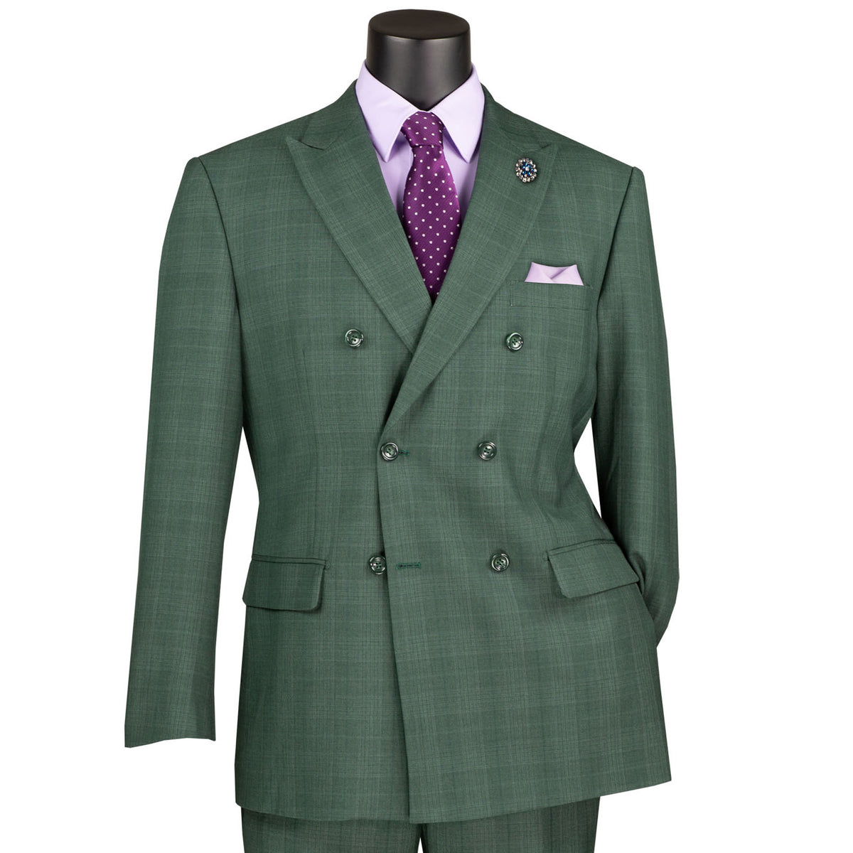 VINCI Men's Forest Green Glen Plaid Double-Breasted Regular Fit Suit with Adjustable Waist - NEW. Features a sharp peak lapel jacket and flat-front pants with unfinished hems and flexible waistband. A timeless choice for business or formal wear. Available at Fashion House Inc. (FH Menswear)
