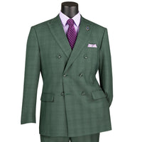 VINCI Men's Forest Green Glen Plaid Double-Breasted Regular Fit Suit with Adjustable Waist - NEW. Features a sharp peak lapel jacket and flat-front pants with unfinished hems and flexible waistband. A timeless choice for business or formal wear. Available at Fashion House Inc. (FH Menswear)