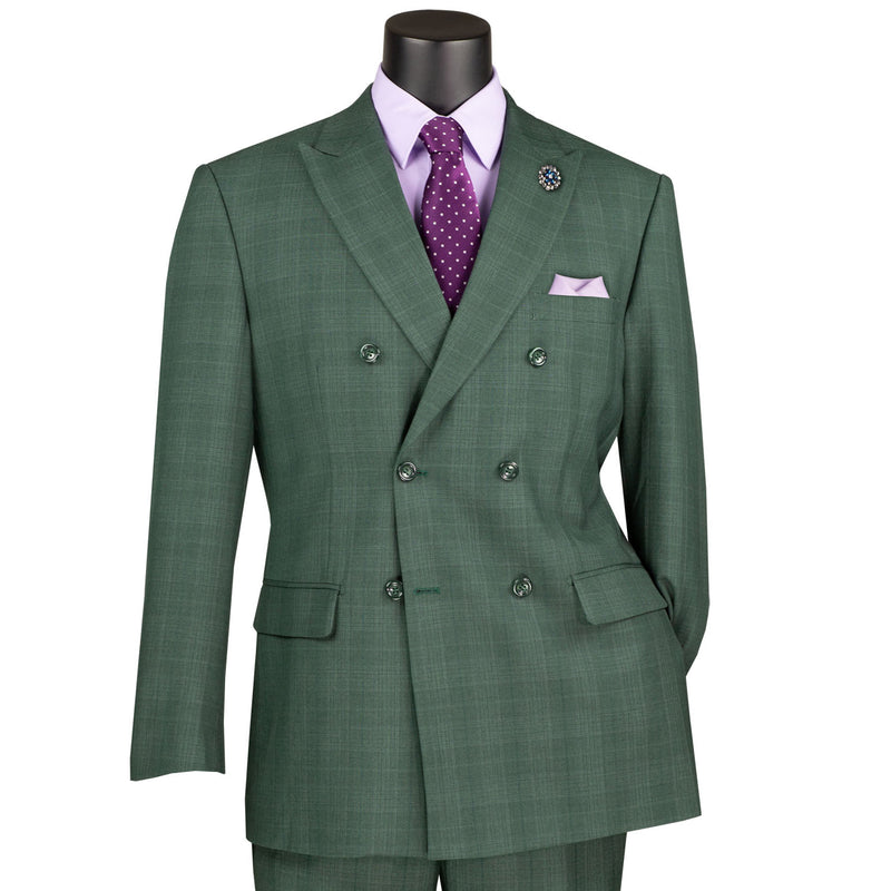 VINCI Men's Forest Green Glen Plaid Double-Breasted Regular Fit Suit with Adjustable Waist - NEW. Features a sharp peak lapel jacket and flat-front pants with unfinished hems and flexible waistband. A timeless choice for business or formal wear. Available at Fashion House Inc. (FH Menswear)