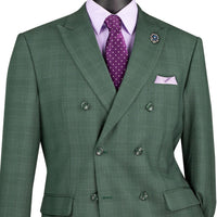 VINCI Men's Forest Green Glen Plaid Double-Breasted Regular Fit Suit with Adjustable Waist - NEW. Features a sharp peak lapel jacket and flat-front pants with unfinished hems and flexible waistband. A timeless choice for business or formal wear. Available at Fashion House Inc. (FH Menswear)