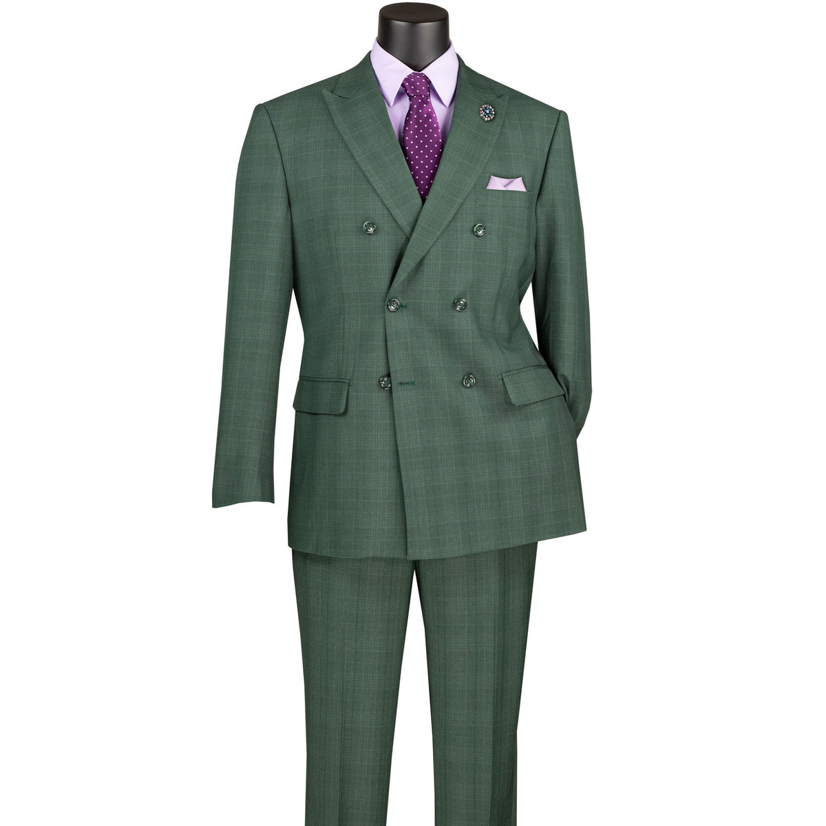 VINCI Men's Forest Green Glen Plaid Double-Breasted Regular Fit Suit with Adjustable Waist - NEW. Features a sharp peak lapel jacket and flat-front pants with unfinished hems and flexible waistband. A timeless choice for business or formal wear. Available at Fashion House Inc. (FH Menswear)