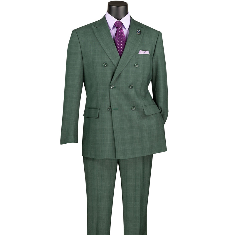 VINCI Men's Forest Green Glen Plaid Double-Breasted Regular Fit Suit with Adjustable Waist - NEW. Features a sharp peak lapel jacket and flat-front pants with unfinished hems and flexible waistband. A timeless choice for business or formal wear. Available at Fashion House Inc. (FH Menswear)