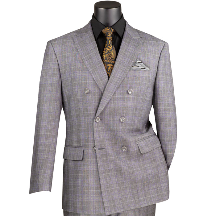 VINCI Men's Gray Glen Plaid Double-Breasted Regular Fit Suit with Adjustable Waist - NEW. Features a sharp peak lapel jacket and flat-front pants with unfinished hems and flexible waistband. A timeless choice for business or formal wear. Available at Fashion House Inc. (FH Menswear)