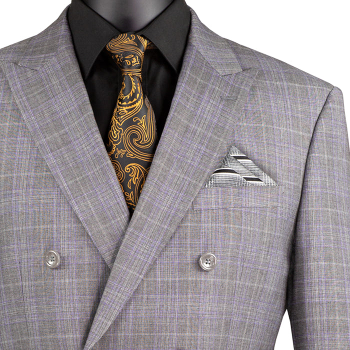 VINCI Men's Gray Glen Plaid Double-Breasted Regular Fit Suit with Adjustable Waist - NEW. Features a sharp peak lapel jacket and flat-front pants with unfinished hems and flexible waistband. A timeless choice for business or formal wear. Available at Fashion House Inc. (FH Menswear)