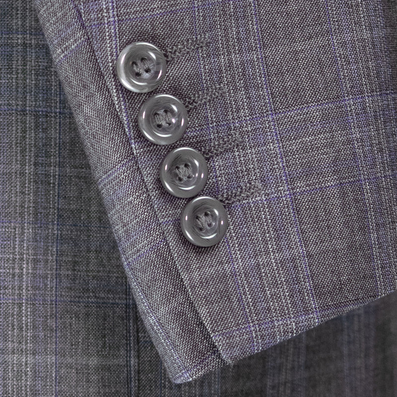 VINCI Men's Gray Glen Plaid Double-Breasted Regular Fit Suit with Adjustable Waist - NEW. Features a sharp peak lapel jacket and flat-front pants with unfinished hems and flexible waistband. A timeless choice for business or formal wear. Available at Fashion House Inc. (FH Menswear)